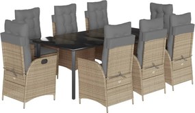 vidaXL Σετ Τραπεζαρίας Κήπου 9 τεμ. Μπεζ Συνθετικό Ρατάν με Μαξιλάρια