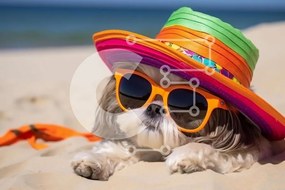 Intra Συλλεκτικό Ξύλινο Παζλ Plywood 4mm - Σκύλος με γυαλιά ηλίου και καπέλο στην παραλία Σε Ξύλινο Κουτί - Διαστάσεις: 10x10 cm – 25 κομμάτια