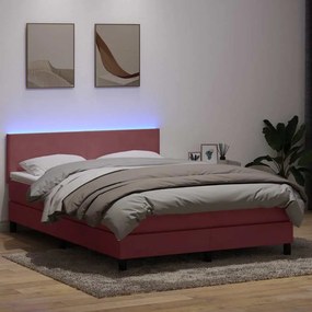 vidaXL Κρεβάτι Boxspring με Στρώμα &amp; LED Ροζ 140x210 εκ. Βελούδινο