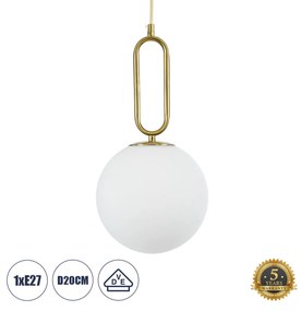 GloboStar® BELLISSIMO 61486 Μοντέρνο Κρεμαστό Φωτιστικό Οροφής Μονόφωτο 1 x E27 Γαλακτερή Γυάλινη Μπάλα με Μεταλλικό Επιχρυσωμενό Πλατίνα Σώμα Φ20 x Υ42cm