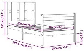 Πλαίσιο Κρεβατιού με Κεφαλάρι 90x200 εκ. από Μασίφ Ξύλο - Καφέ