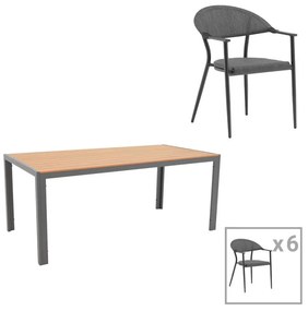 Dining table Nares-Pino set of 7 anthracite aluminum and plywood in natural shade 180x90x72.5cm 180x90x72.5 εκ.