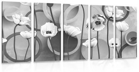 Εικόνα παπαρούνας 5 μερών σε αφηρημένο φόντο σε ασπρόμαυρο - 100x50