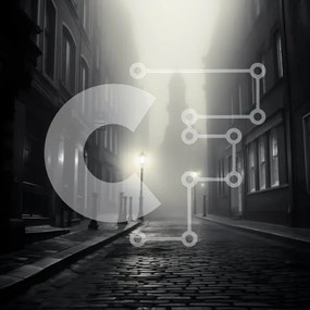 Intra Συλλεκτικό Ξύλινο Παζλ Plywood 4mm - Σκοτεινή ομιχλώδης οδός με τον πύργο του ρολογιού Σε Ξύλινο Κουτί - Διαστάσεις Puzzle: 10x10 cm – 25 κομμάτια