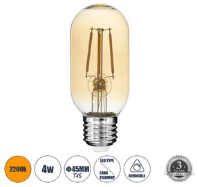 GloboStar 99048 Λάμπα LED Long Filament E27 T45 Σωλήνας 4W 350lm 360° AC 220-240V IP20 Φ4.5 x Υ11cm Ultra Θερμό Λευκό 2200K με Μελί Γυαλί - Dimmable - 3 Years Warranty