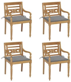Καρέκλες Batavia 4 τεμ. από Μασίφ Ξύλο Teak με Μαξιλάρια - Γκρι