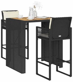 VidaXL Σετ Επίπλων Μπαρ Κήπου 3 τεμ. Μαύρο Συνθ Ρατάν Μαξιλάρια Ακακία