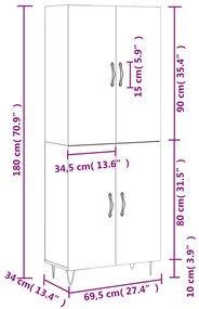 Ντουλάπι Γυαλιστερό Λευκό 69,5x34x180 εκ. Επεξεργασμένο Ξύλο - Λευκό