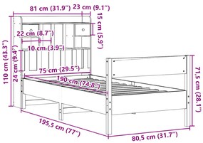 Κρεβάτι Βιβλιοθήκη Χωρίς Στρώμα Λευκό 75x190 εκ Μασίφ Πεύκο 3323051