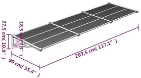 vidaXL Στέγαστρο Πόρτας Γκρι & Διαφανές 297,5x90 εκ από Πολυκαρβονικό