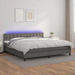 Κρεβάτι Boxspring με Στρώμα &amp; LED Γκρι 200x200 εκ. Συνθ. Δέρμα - Γκρι