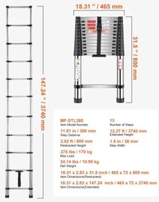 VEVOR Telescoping Ladder Stainless Steel Extension Step 12.5ft Portable Ladders