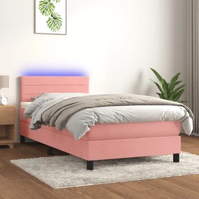 Κρεβάτι Boxspring με Στρώμα & LED Ροζ 90x200 εκ. Βελούδινο