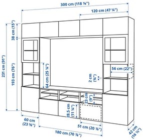 BESTÅ σύνθεση αποθήκευσης TV/γυάλινες πόρτες/συρτάρια με μαλακό κλείσιμο, 300x42x231 cm 494.112.41