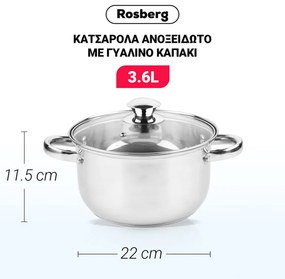 Κατσαρόλα Rosberg R51210O22, 3.6L, 22 cm, Γυάλινο καπάκι με τρύπα εκτόνωσης ατμού, Inox