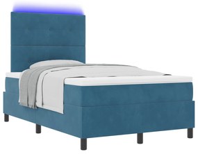 vidaXL Box Spring Bed με Στρώμα & LED Σκοτεινό Μπλε 120x200 εκ. Βελούδο