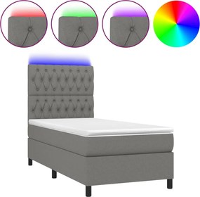 vidaXL Κρεβάτι Boxspring με Στρώμα &amp; LED Σκ.Γκρι 90x190 εκ. Υφασμάτινο