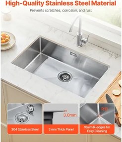 VEVOR 76cm Kitchen Sink Undermount Single Bowl Drop-In Basin Stainless Steel Bar