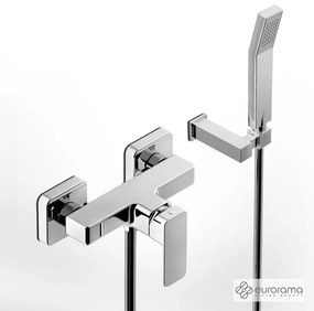 Eurorama Quadra Chrome Μπαταρία Ντουζιέρας με Tηλέφωνο Anticalcare, Eπίτοιχο Στήριγμα Τηλεφώνου και PVC Σπιράλ 1,5 μ 144150-100