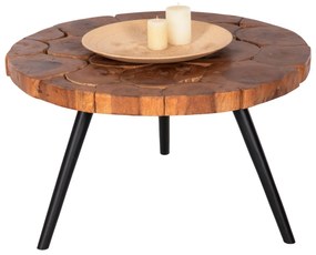 COFFEE TABLE RIBBEN  SOLID SUAR WOOD IN NATURAL-BLACK METAL LEGS Φ80x45Hcm.