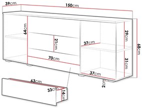 Σιφονιέρα Sarasota 129, Γυαλιστερό λευκό, Άσπρο, Με συρτάρια και ντουλάπια, Αριθμός συρταριών: 3, 68x150x39cm, 52 kg | Epipla1.gr