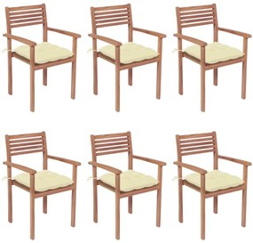 Καρέκλες Κήπου Στοιβαζ. 6 τεμ. από Μασίφ Ξύλο Teak με Μαξιλάρια - Λευκό