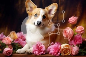 Intra Συλλεκτικό Ξύλινο Παζλ Plywood  4mm - Corgi που περιβάλλεται από λουλούδια Σε Ξύλινο Κουτί - Διαστάσεις: 10x10 cm – 25 κομμάτια