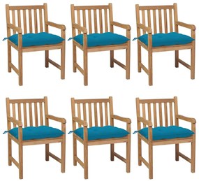 vidaXL Καρέκλες Κήπου 6 τεμ. από Μασίφ Ξύλο Teak με Γαλάζια Μαξιλάρια