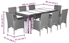 Σετ Τραπεζαρίας Κήπου 9 τεμ. Γκρι Συνθ.Ρατάν/Γυαλί με Μαξιλάρια - Γκρι