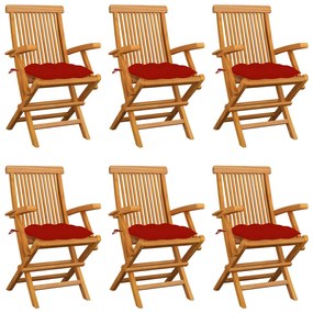 Καρέκλες Κήπου 6 τεμ. από Μασίφ Ξύλο Teak με Κόκκινα Μαξιλάρια