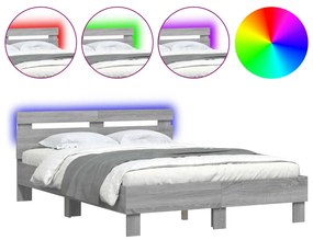 vidaXL Πλαίσιο Κρεβατιού με Κεφαλάρι/LED Γκρι Sonoma 135x190 εκ.