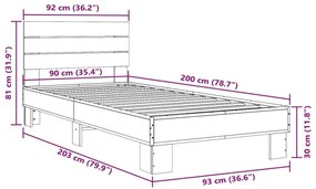 Πλαίσιο Κρεβατιού Γκρι Sonoma 90x200 εκ. Επεξ. Ξύλο &amp; Μέταλλο - Γκρι