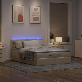 vidaXL Οθωμανικό κρεβάτι με στρώμα &amp; LEDs Cream 140x200 cm Ύφασμα
