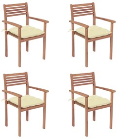 Καρέκλες Κήπου 4 τεμ. Μασίφ Ξύλο Teak με Λευκά Κρεμ Μαξιλάρια
