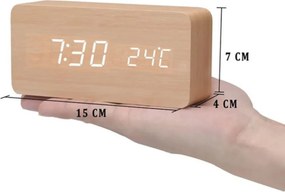 Επιτραπέζιο Ξύλινο Ψηφιακό Ρολόι με οθόνη LED, Ξυπνητήρι, Θερμόμετρο - Μπεζ