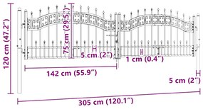 vidaXL Πόρτα Περίφραξης με Κορυφή Δόρυ Μαύρη 305x75 εκ. από Ατσάλι με Ηλεκτροστατική Βαφή