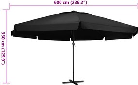 vidaXL Ομπρέλα Κήπου Μαύρη 600 εκ. με Ιστό Αλουμινίου
