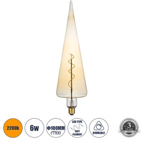 GloboStar 99023 Λάμπα LED Soft S Spiral Filament E27 CT100 SPEAR Γλόμπος 6W 420lm 360° AC 220-240V IP20 Φ10 x Υ28cm Ultra Θερμό Λευκό 2200K με Μελί Γυαλί - Dimmable - 3 Χρόνια Εγγύηση - 99023