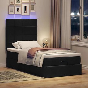vidaXL Οθωμανικό κρεβάτι με στρώμα &amp; LEDs Μαύρο 80x200cm ύφασμα