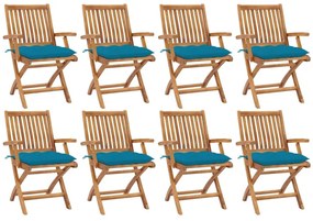 Καρέκλες Κήπου Πτυσσόμενες 8 τεμ. Μασίφ Ξύλο Teak με Μαξιλάρια - Μπλε