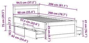 Σκελετός Κρεβατιού Χωρ. Στρώμα +Κεφαλάρι 90x200 εκ Μασίφ Πεύκου - Καφέ