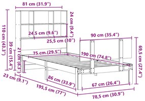 Κρεβάτι Βιβλιοθήκη Χωρίς Στρώμα 75x190 εκ Μασίφ Ξύλο Πεύκο - Καφέ
