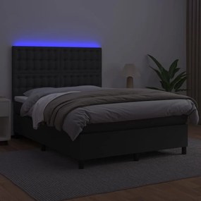 Κρεβάτι Boxspring με Στρώμα &amp; LED Μαύρο 140x200 εκ. Συνθ. Δέρμα - Μαύρο