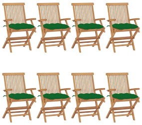 Καρέκλες Κήπου 8 τεμ. Μασίφ Ξύλο Teak με Πράσινα Μαξιλάρια