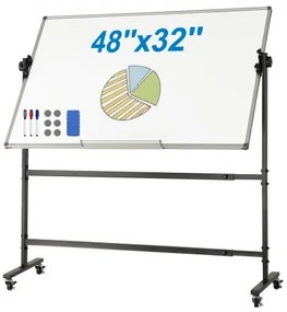 VEVOR Rolling Whiteboard, 48x32 inch Double-Sided Magnetic Mobile Whiteboard, 360° Reversible Adjustable Height Dry Erase Board with Wheels & Movable Tray for Office School