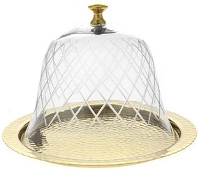 Δίσκος Με Γυάλινη Καμπάνα 83064 30x25cm Clear-Gold Μέταλλο,Γυαλί