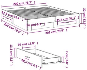 Πλαίσιο Κρεβατιού με συρτάρια Γκρι sonoma 200x200εκ. Επεξ. Ξύλο - Γκρι