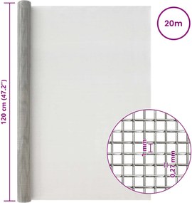 vidaXL Πλέγμα Οθόνης 20 mesh 120 x 2000 εκ Ανοξείδωτο Ατσάλι 201 Ασημί