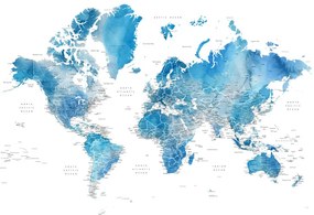 Χάρτης Blue watercolor world map with cities, Raleigh, Blursbyai