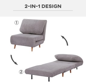 HOMCOM Πολυθρόνα-Κρεβάτι 2-σε-1, Καναπές-Κρεβάτι, έως 200 kg, Ρυθμιζόμενο προσκέφαλο, Υφή κοτλέ 82 cm x 89 cm x 83 cm Γκρι